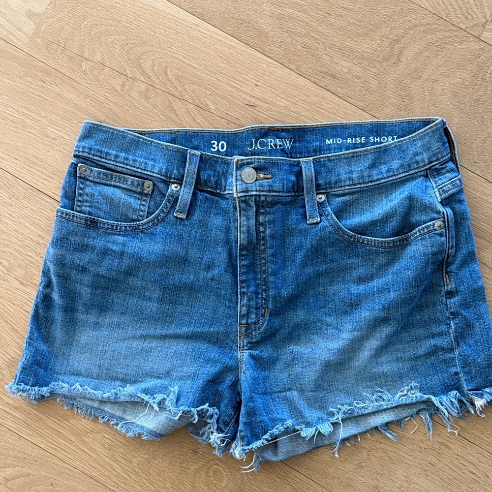 J. Crew Mid-Rise Frayed Hem Denim Shorts — Blue
